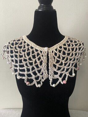 Handmade Crochet Muted Cream Grey Beaded Collar Neckwear Accessory